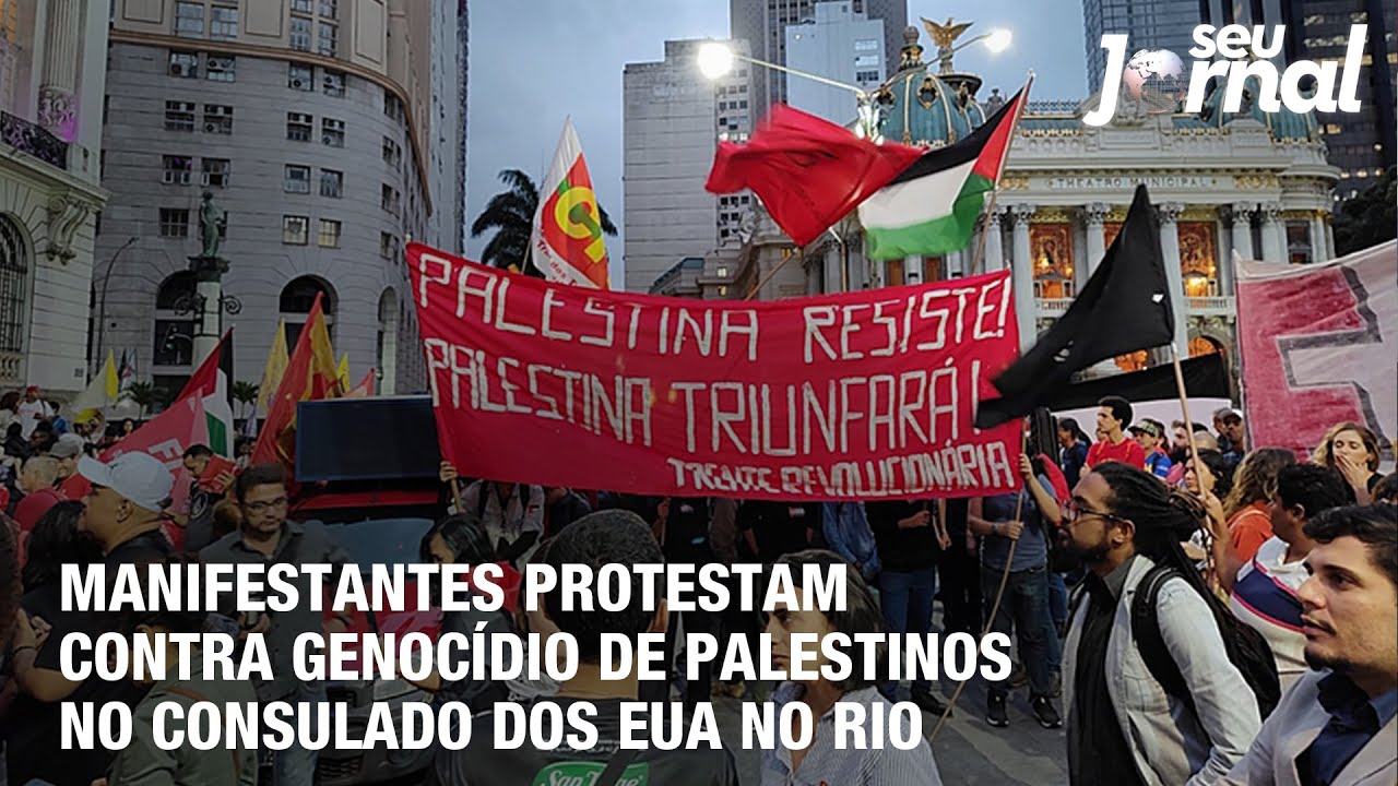 Manifestantes protestam contra genocídio de palestinos no consulado dos EUA no Rio